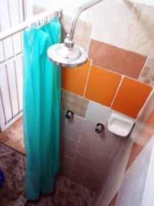 a shower in a bathroom with a blue shower curtain at Tu Casita de descanso en Santa María in Cuernavaca