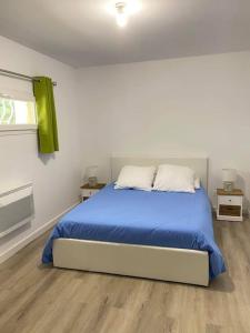 a bedroom with a blue bed with two pillows at Le Cyprès in Saint-Mitre-les-Remparts