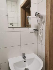 a bathroom with a white sink and a mirror at AGRO-Jabłońscy in Miałkówek