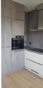 una cocina con armarios de acero inoxidable y horno en Gezellig appartement Beveren-Waas Donkvijver, en Beveren