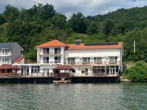 - un grand bâtiment sur un quai sur une étendue d'eau dans l'établissement Casa Adrian, à Eşelniţa