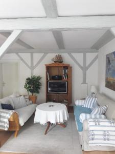 ein Wohnzimmer mit einem Sofa und einem Tisch in der Unterkunft Möwe in Steffenshagen