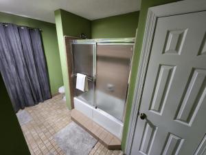 a shower in a bathroom with green walls and a door at 6 King beds and More, Chic Cordova Near Shopping in Memphis