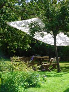 a picnic table and a white umbrella in the grass at Ferienhof - Rauhenberg in Wangels