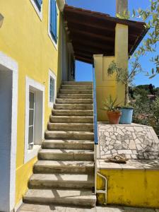 un escalier menant à un bâtiment jaune dans l'établissement Pjacal, à Veli Lošinj