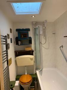 a bathroom with a shower and a toilet and a tub at Cosy holiday cottage in Crickhowell. in Llangattock