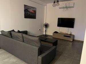 ein Wohnzimmer mit einem Sofa und einem Flachbild-TV in der Unterkunft Maria's Apartments 1 in Galata