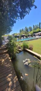 a pond in a yard with a wooden walkway at Le Mas des Mirabelles in Cabannes