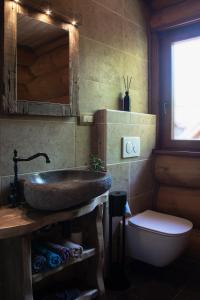 La salle de bains est pourvue d'un lavabo et de toilettes. dans l'établissement Brunarica Biopark -Log house Biopark, à Grosuplje