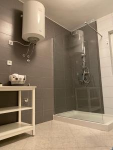 a shower with a glass door in a bathroom at Apartment Boneta in Mošćenička Draga