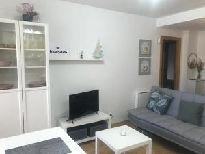 a living room with a couch and a tv at Apartamentos turísticos CHUS 2 in Corcubión