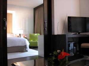 um quarto de hotel com uma cama e uma televisão em Hotel Palacio Albacete & SPA em Albacete