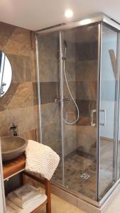 a glass shower in a bathroom with a sink at Manoir de Pierreville in Audouville-la-Hubert