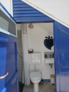 een badkamer met een blauwe deur en een toilet bij The lighthouse room in Stromboli