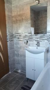 a bathroom with a white sink and a mirror at Agropensiunea-Alexandra in Niculiţel