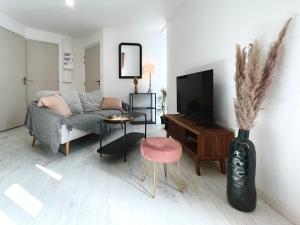 ein Wohnzimmer mit einem Sofa und einem TV in der Unterkunft La Source - Spacieux T2 au coeur du village, à 5min des plages in Saint-Méloir-des-Ondes