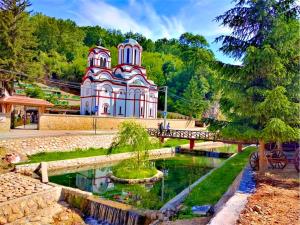 a large building with a pond in front of it at Soba Milojkovic in Golubac