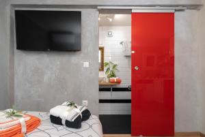 Cozy tiny apartment in the heart of Plaka في أثينا: غرفة معيشة مع باب احمر وتلفزيون