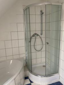 um chuveiro com uma porta de vidro na casa de banho em Ferien/ Monteurzimmer mit gemeinsam Wozi, Kü, Bad, WLAN em Magdeburgo