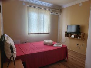 1 dormitorio con cama roja y TV en Sun and river Apartments, en Golubac