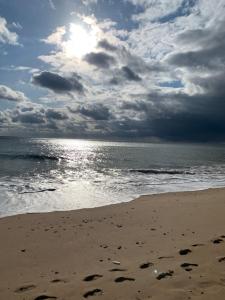 uma praia com um céu nublado e o oceano em Eau Bleue d'Eden em Saint-Hilaire-de-Riez