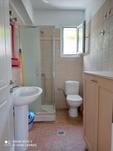 a bathroom with a shower and a toilet and a sink at Marina's House in Khelmáta