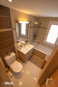 a bathroom with a toilet and a sink and a shower at Appartement rénové 3chambres,Gruyère,3Parking,BBQ in Neirivue