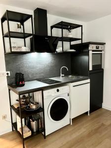 cocina con fregadero y lavadora en Ferienwohnung Washingtonweg en Hannover