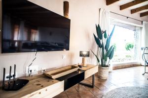 uma sala de estar com uma grande televisão na parede em Villa "La Estrella" - el Paraíso with private Jacuzzi em Villaverde