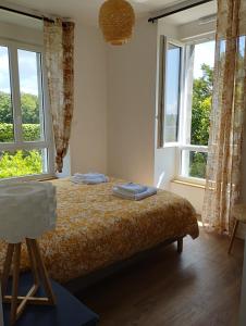 a bedroom with a bed and two windows at Maison de Kerangall in Brest