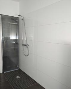 een douche met een glazen deur in de badkamer bij Apartment24 in Lügde
