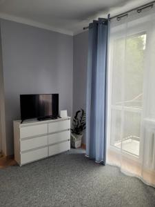 uma sala de estar com uma televisão numa cómoda e uma janela em Apartament City Center em Lańcut