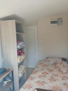 una camera da letto con un letto e una libreria di Monte room a Podgorica