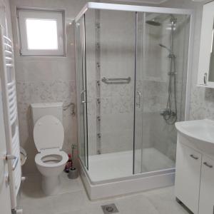 uma casa de banho com um chuveiro, um WC e um lavatório. em Big 70m2 apartment with free parking em Belgrado