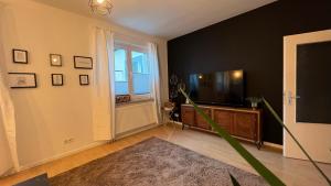 a living room with a television and a window at Designerwohnung Afrika sehr zentral gelegen in Hannover +3 photos