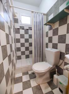 a bathroom with a white toilet and a shower at Vanna's Holiday House in Ierissos +29 photos