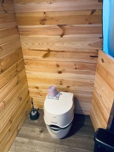 a toilet in a room with a wooden wall at Skywoods.glamping in Molėtai