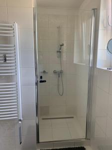 a shower in a bathroom with a glass door at Orchidea Apartmanház Egerszalók in Egerszalók +15 photos