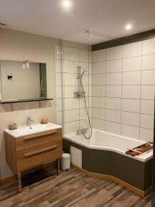 een badkamer met een bad, een wastafel en een douche bij Gîte entre Loire et Campagne in Saint-Martin-sur-Ocre