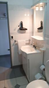 a bathroom with a sink and a toilet and a mirror at La huerta in Ushuaia