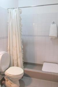 a bathroom with a toilet and a shower at La huerta in Ushuaia +5 photos