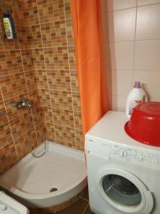 a bathroom with a washing machine and a toilet at ΔΙΑΜΕΡΙΣΜΑ ΣΤΟ ΛΙΤΟΧΩΡΟ ΜΕ ΕΚΠΛΗΚΤΙΚΗ ΘΕΑ in Litochoro +74 photos