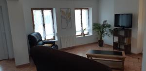 ein Wohnzimmer mit einem Sofa und einem TV in der Unterkunft Gîtes des 4A in Sémeries