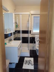 uma casa de banho com um chuveiro, um lavatório e um WC. em Apartman Marijana em Ljubuski