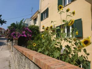 a brick retaining wall with sunflowers in front of a building at Beach House Split in Split