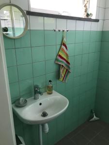 a green bathroom with a sink and a mirror at Doubleroom in basement w own bathroom in Rörum, Österlen in Simrishamn