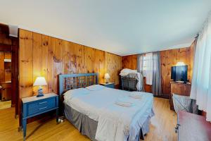 1 dormitorio con 1 cama, TV y paredes de madera en Island Forest Retreat, en West Tisbury