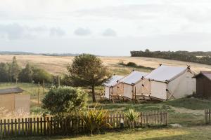 a row of tents in a field with a fence at Dreamsea Surf Guest House in Sintra