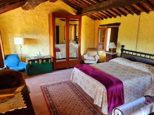 a bedroom with a bed and a chair and a mirror at Torre del Duca in Bagni di Lucca