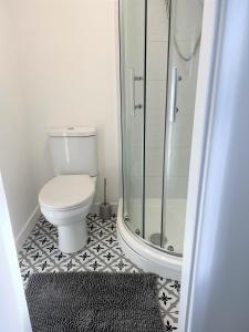 a bathroom with a toilet and a glass shower at Cosy retreat in beautiful Cornwall in Helston